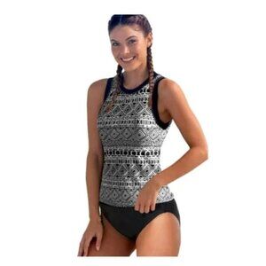 NEW Ethnic Print High Neck Tankini Black and White Print with Shorts Women's L